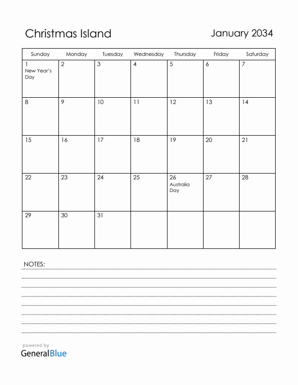 January 2034 Christmas Island Calendar with Holidays (Sunday Start)