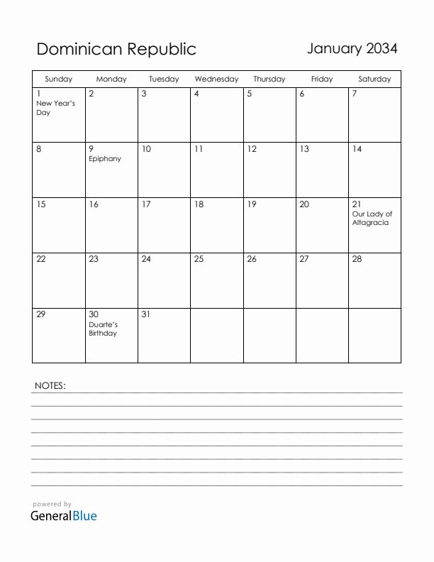 January 2034 Dominican Republic Calendar with Holidays (Sunday Start)