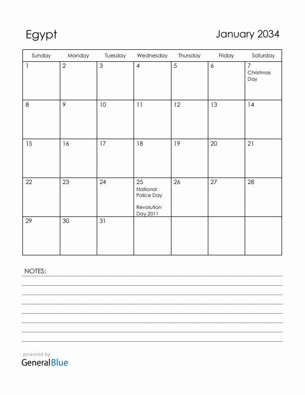 January 2034 Egypt Calendar with Holidays (Sunday Start)