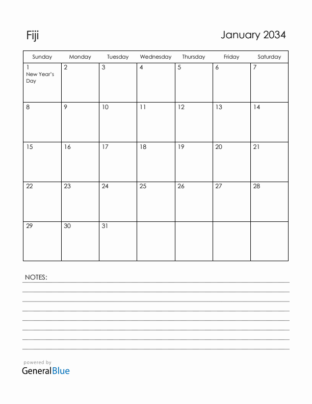 January 2034 Fiji Calendar with Holidays (Sunday Start)