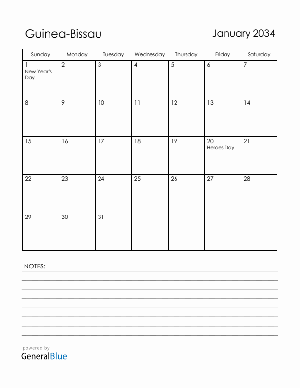 January 2034 Guinea-Bissau Calendar with Holidays (Sunday Start)