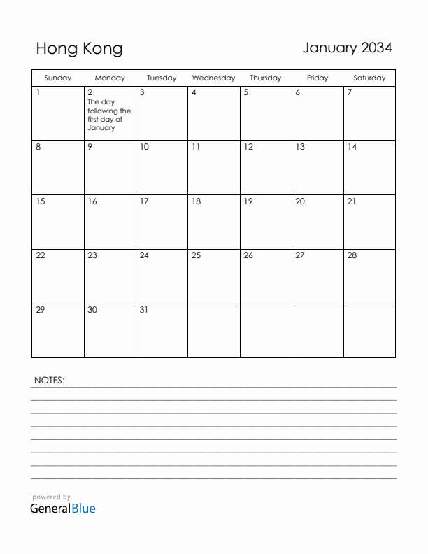 January 2034 Hong Kong Calendar with Holidays (Sunday Start)