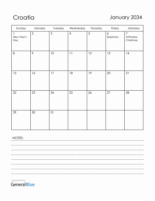January 2034 Croatia Calendar with Holidays (Sunday Start)
