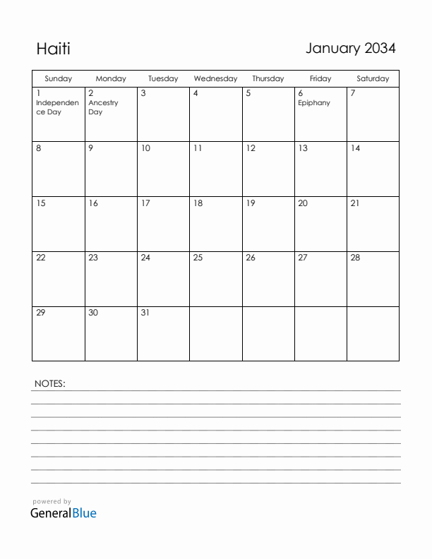 January 2034 Haiti Calendar with Holidays (Sunday Start)