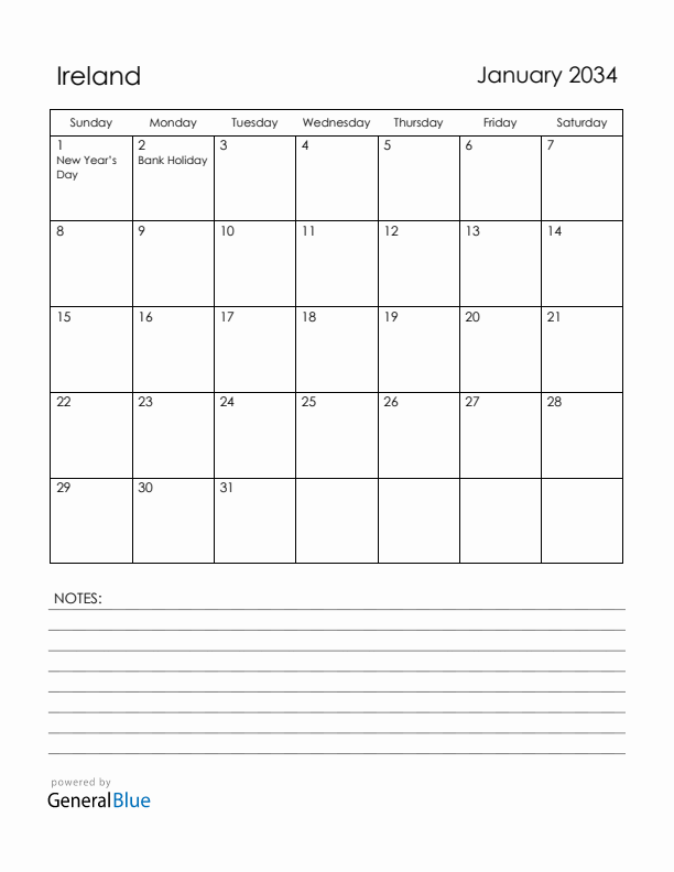 January 2034 Ireland Calendar with Holidays (Sunday Start)