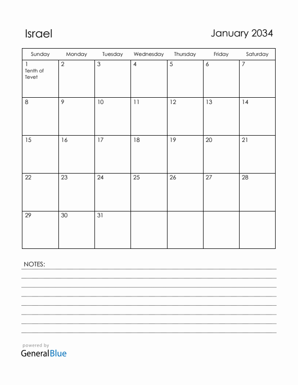 January 2034 Israel Calendar with Holidays (Sunday Start)