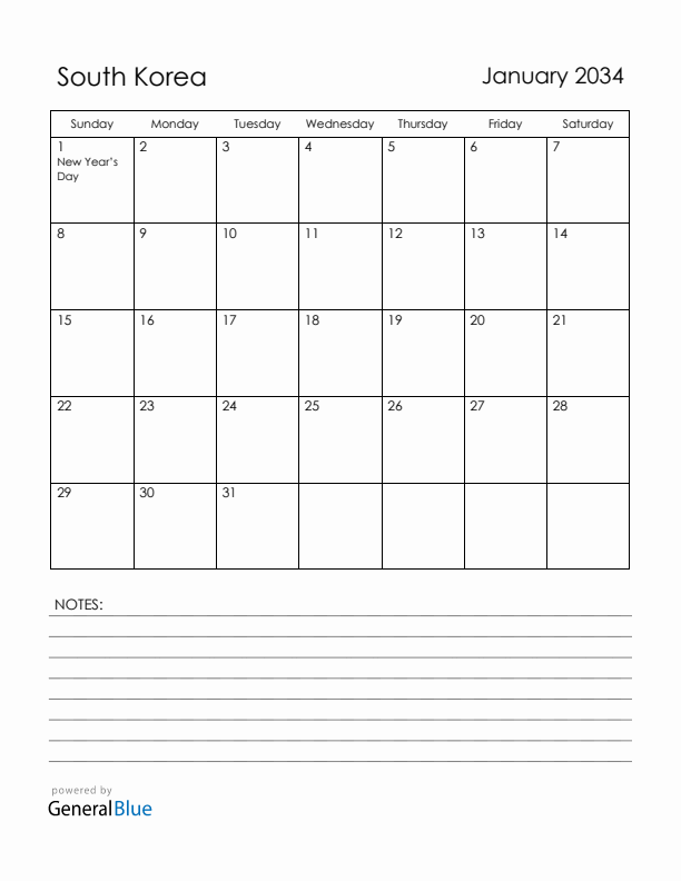 January 2034 South Korea Calendar with Holidays (Sunday Start)