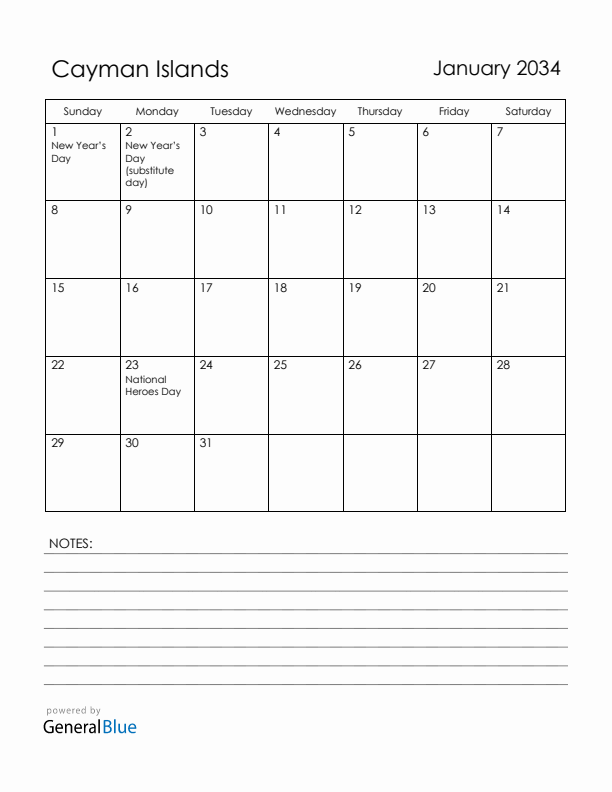 January 2034 Cayman Islands Calendar with Holidays (Sunday Start)