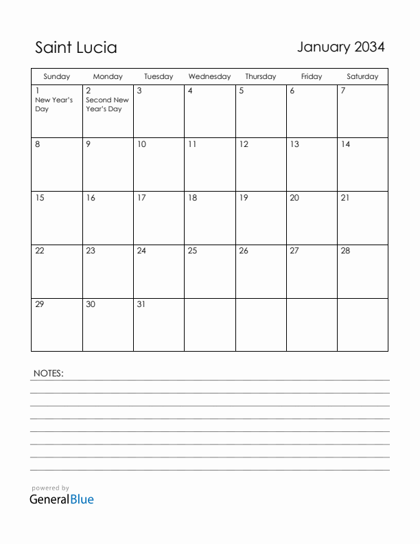 January 2034 Saint Lucia Calendar with Holidays (Sunday Start)