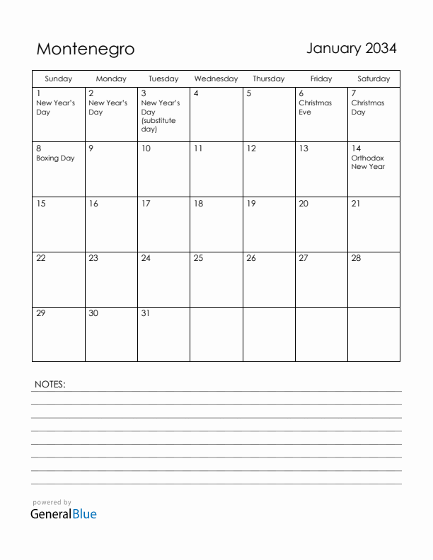January 2034 Montenegro Calendar with Holidays (Sunday Start)