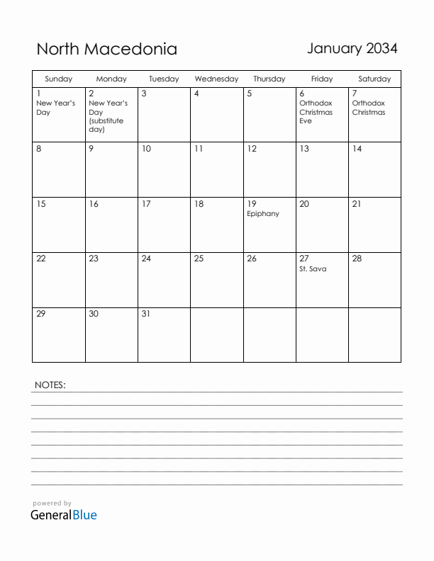 January 2034 North Macedonia Calendar with Holidays (Sunday Start)