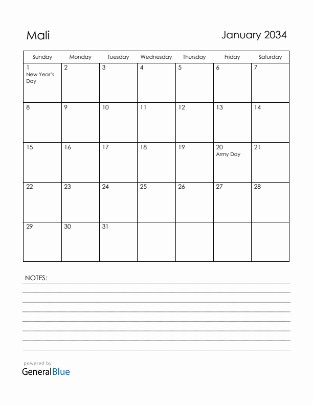 January 2034 Mali Calendar with Holidays (Sunday Start)