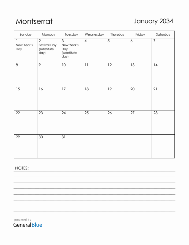 January 2034 Montserrat Calendar with Holidays (Sunday Start)