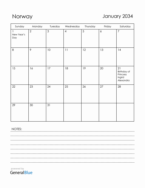 January 2034 Norway Calendar with Holidays (Sunday Start)
