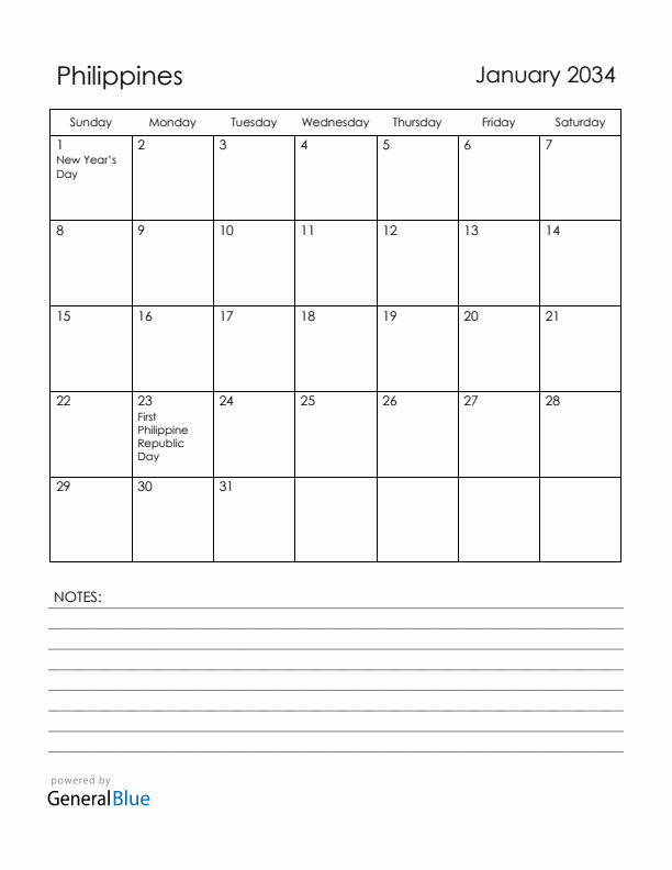 January 2034 Philippines Calendar with Holidays (Sunday Start)