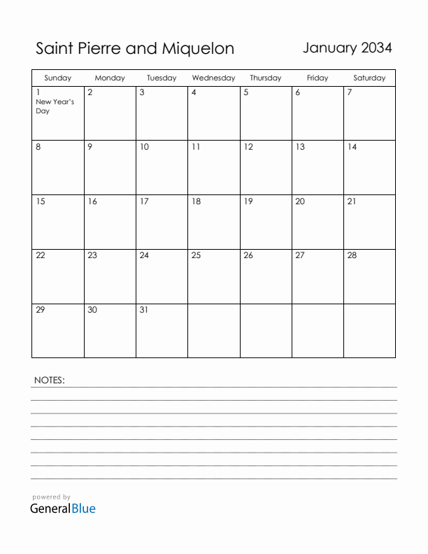 January 2034 Saint Pierre and Miquelon Calendar with Holidays (Sunday Start)