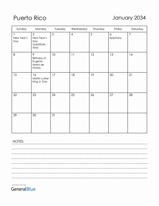 January 2034 Puerto Rico Calendar with Holidays (Sunday Start)