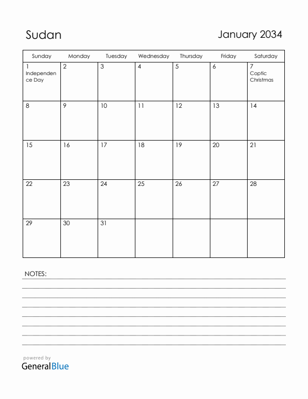 January 2034 Sudan Calendar with Holidays (Sunday Start)