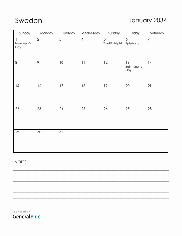 January 2034 Sweden Calendar with Holidays (Sunday Start)