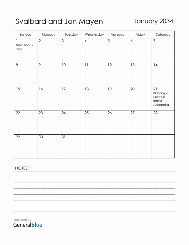 January 2034 Svalbard and Jan Mayen Calendar with Holidays (Sunday Start)