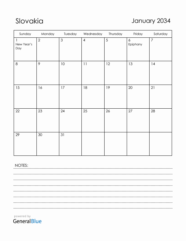January 2034 Slovakia Calendar with Holidays (Sunday Start)