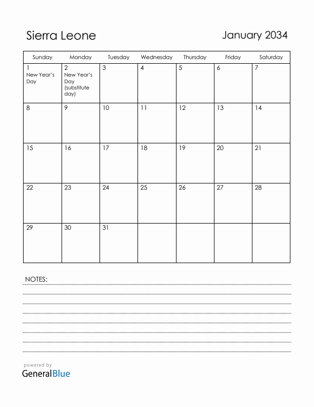 January 2034 Sierra Leone Calendar with Holidays (Sunday Start)