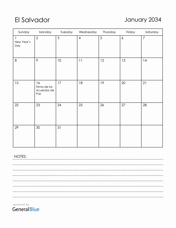 January 2034 El Salvador Calendar with Holidays (Sunday Start)