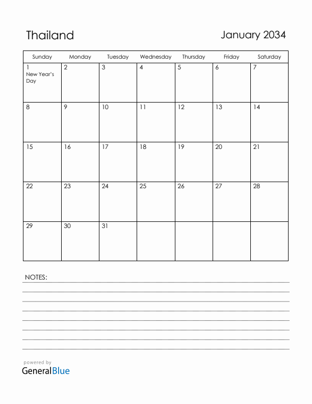 January 2034 Thailand Calendar with Holidays (Sunday Start)