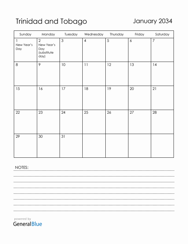 January 2034 Trinidad and Tobago Calendar with Holidays (Sunday Start)