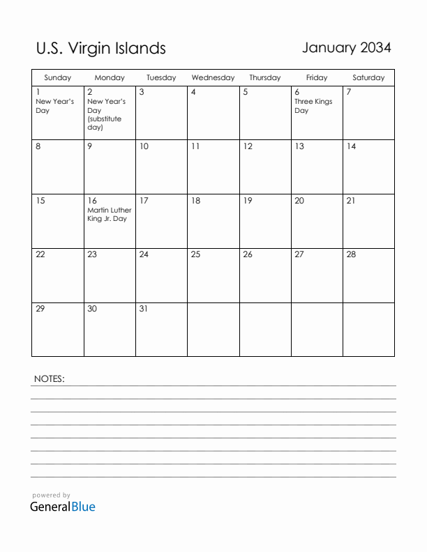 January 2034 U.S. Virgin Islands Calendar with Holidays (Sunday Start)