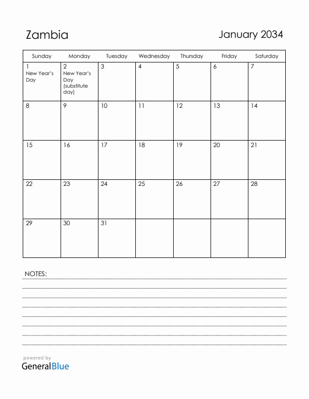 January 2034 Zambia Calendar with Holidays (Sunday Start)