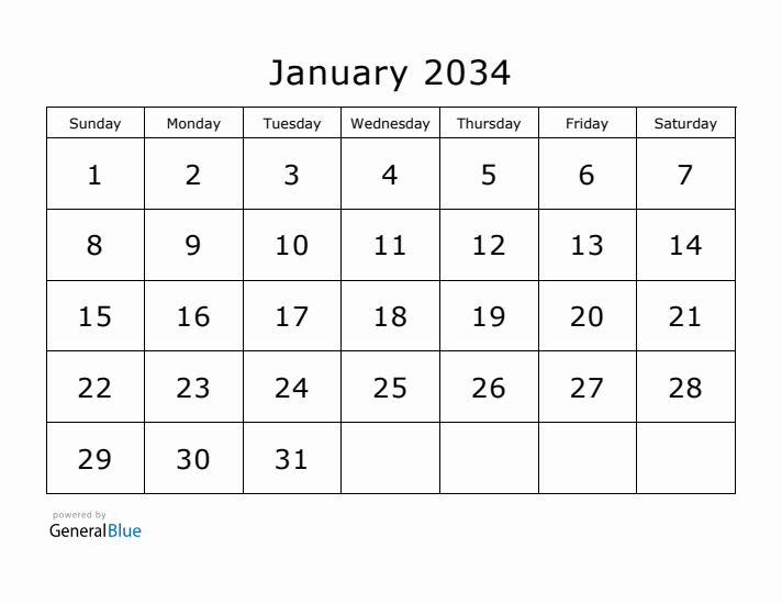 Printable January 2034 Calendar - Sunday Start