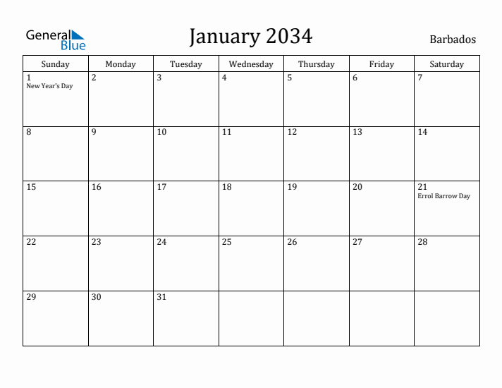 January 2034 Calendar Barbados