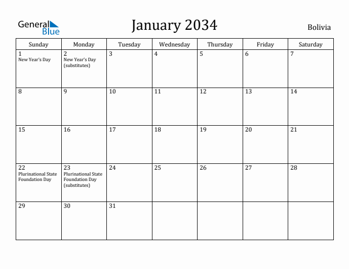 January 2034 Calendar Bolivia