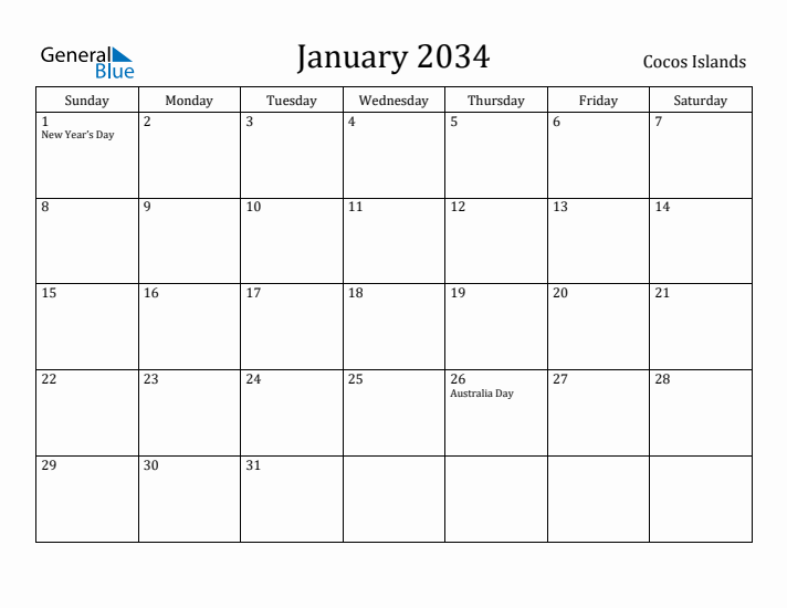 January 2034 Calendar Cocos Islands