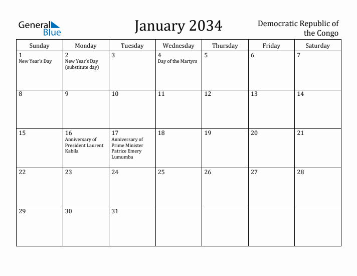 January 2034 Calendar Democratic Republic of the Congo