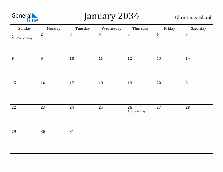 January 2034 Calendar Christmas Island