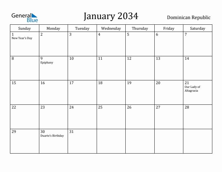 January 2034 Calendar Dominican Republic