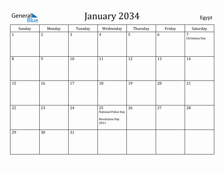 January 2034 Calendar Egypt