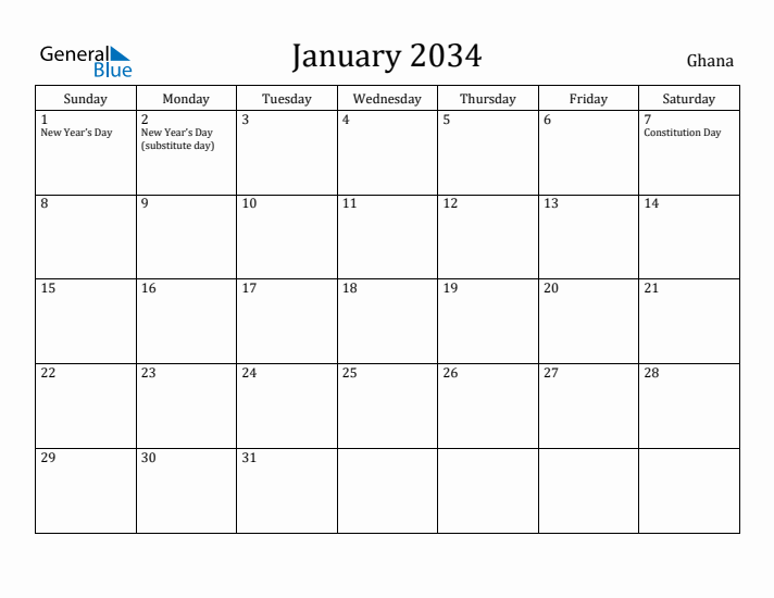 January 2034 Calendar Ghana