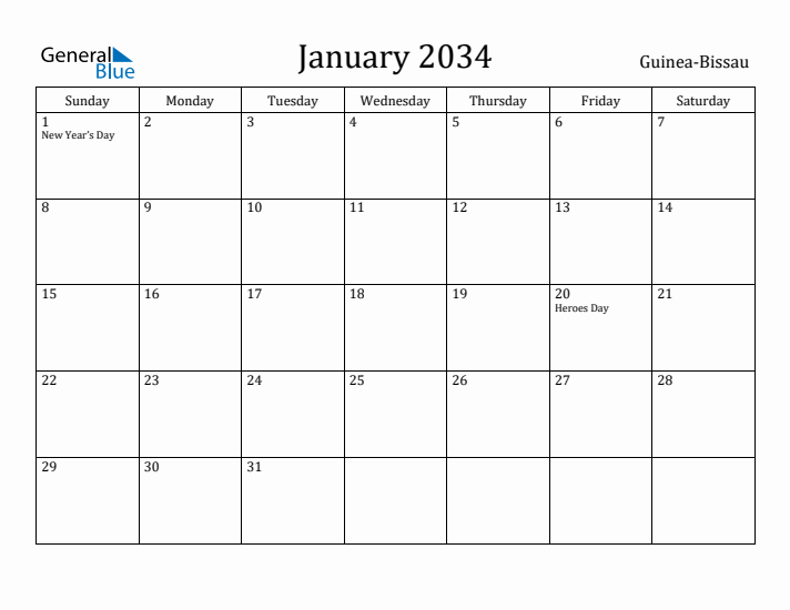 January 2034 Calendar Guinea-Bissau