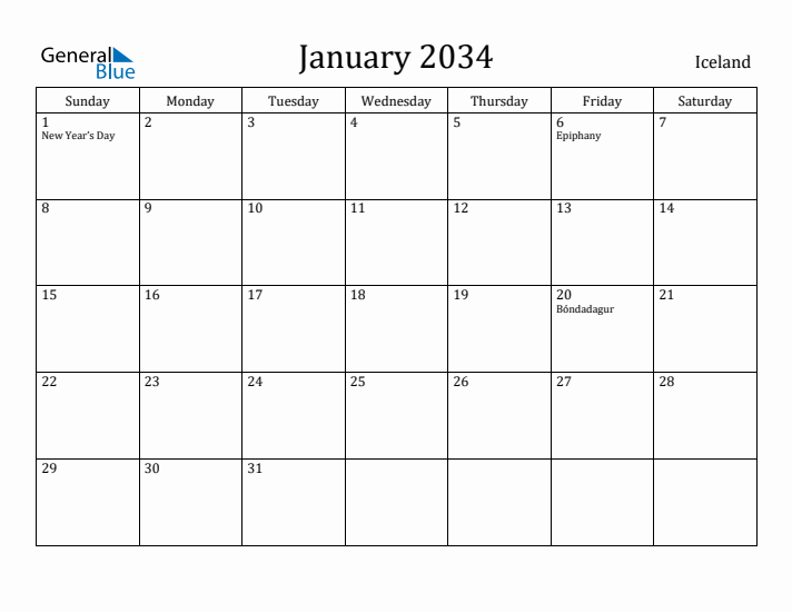 January 2034 Calendar Iceland