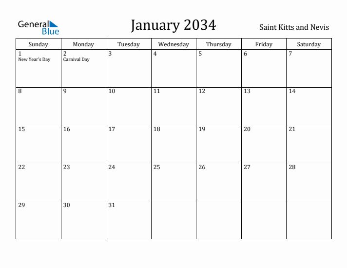 January 2034 Calendar Saint Kitts and Nevis