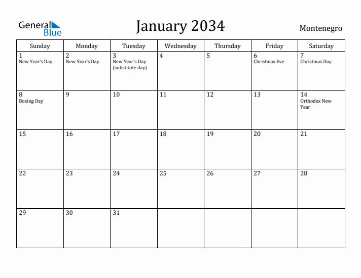 January 2034 Calendar Montenegro