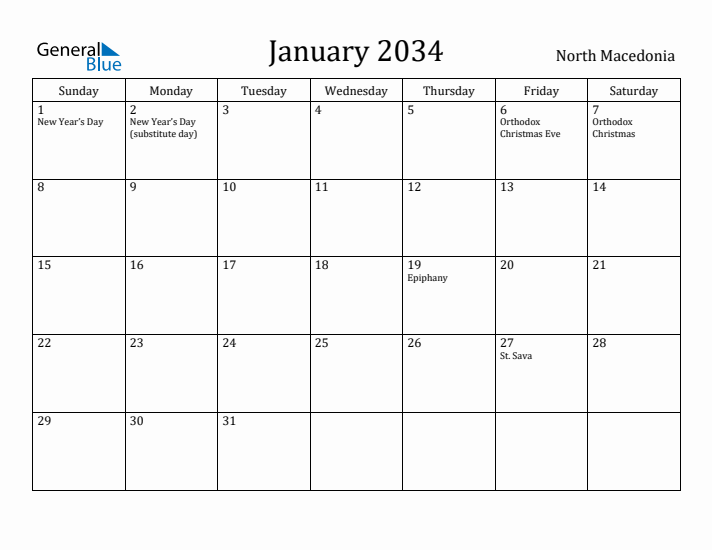 January 2034 Calendar North Macedonia