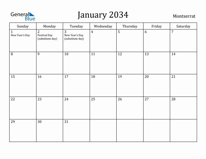 January 2034 Calendar Montserrat