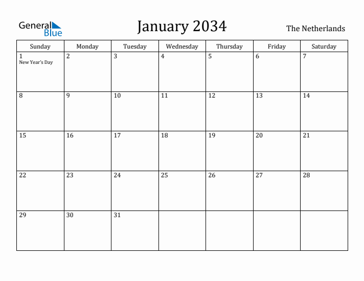 January 2034 Calendar The Netherlands