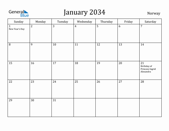 January 2034 Calendar Norway