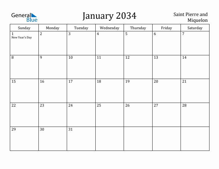 January 2034 Calendar Saint Pierre and Miquelon