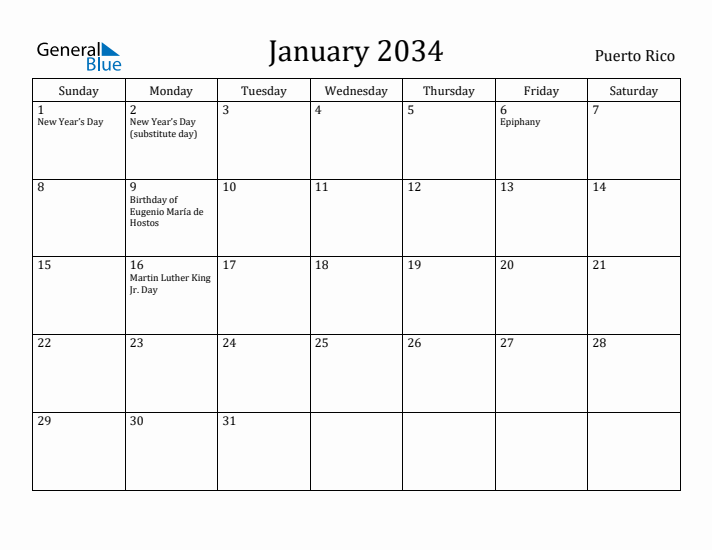 January 2034 Calendar Puerto Rico